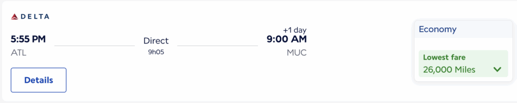 Screenshot of Flying Blue award pricing from Atlanta to Munich in 2026